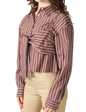 CAMICIA DONNA PINKO CHRISTINE MARRONE A RIGHE TAGLIO CROPPED CON FIOCCO DAVANTI