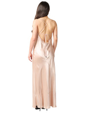 ABITO LUNGO PINKO FARRO ROSA IN SATIN CON SPALLINE SOTTILI E SCOLLO DRAPPEGGIATO DAVANTI