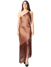 ABITO PINKO KIWI MARRONE MONOSPALLA IN SATIN CON FRANGE SUL FONDO