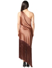 ABITO PINKO KIWI MARRONE MONOSPALLA IN SATIN CON FRANGE SUL FONDO