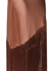 ABITO PINKO KIWI MARRONE MONOSPALLA IN SATIN CON FRANGE SUL FONDO