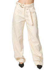 PANTALONE DONNA PINKO LEXY BIANCO A GAMBA DRITTA IN TESSUTO STRETCH PANAMA CON CINTURA RIMOVIBILE IN VITA