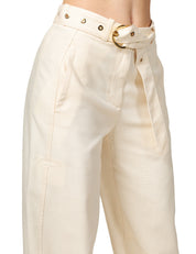 PANTALONE DONNA PINKO LEXY BIANCO A GAMBA DRITTA IN TESSUTO STRETCH PANAMA CON CINTURA RIMOVIBILE IN VITA