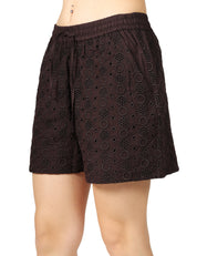 SHORTS DONNA PINKO LIZ MARRONE CON LAVORAZIONE SANGALLO E COULISSE 100% COTONE