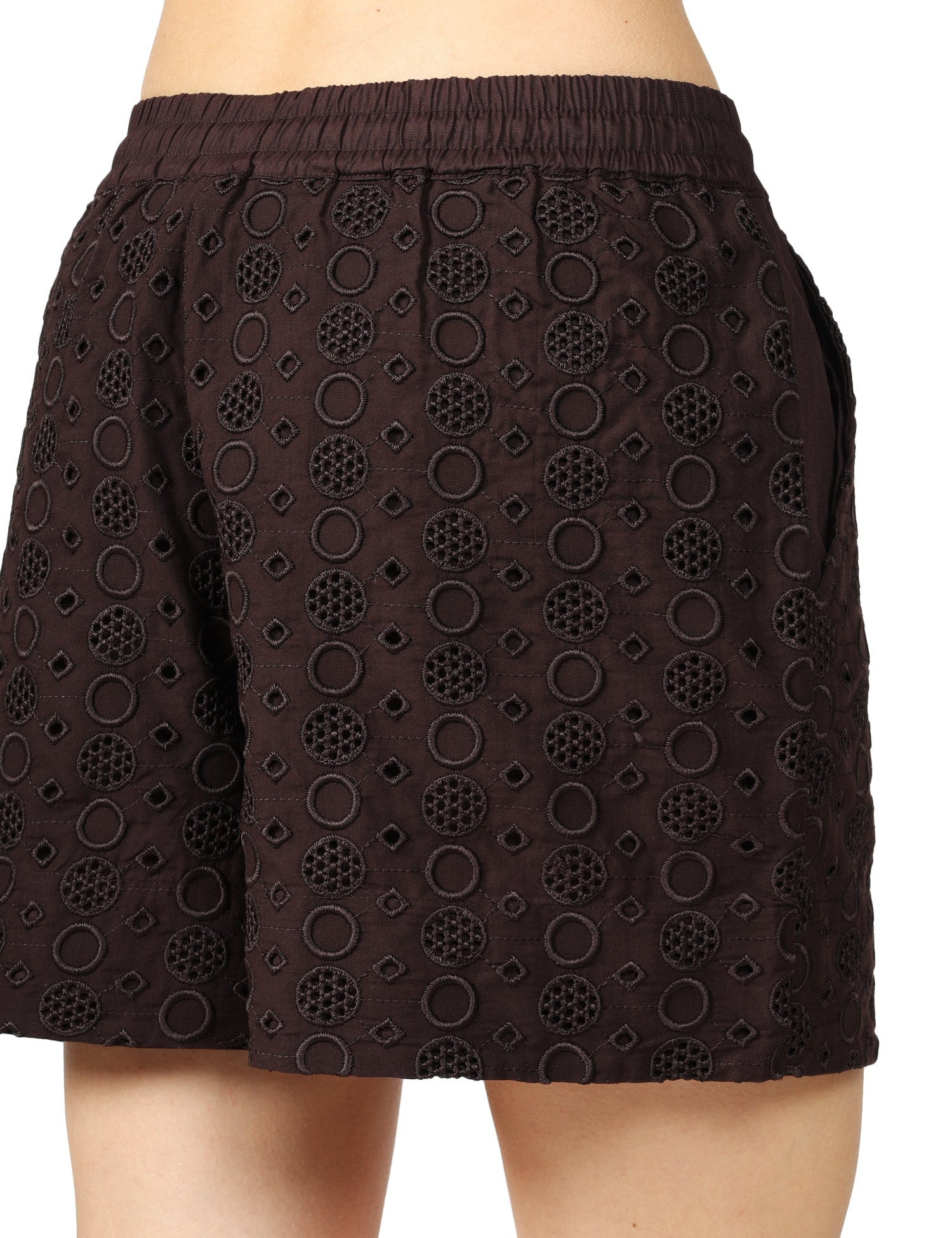 SHORTS DONNA PINKO LIZ MARRONE CON LAVORAZIONE SANGALLO E COULISSE 100% COTONE