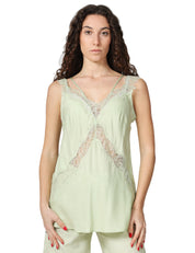 TOP PINKO LYDIA VERDE IN VISCOSA CON SPALLINE E BANDE IN PIZZO INTARSIATE DAVANTI