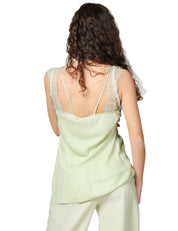 TOP PINKO LYDIA VERDE IN VISCOSA CON SPALLINE E BANDE IN PIZZO INTARSIATE DAVANTI