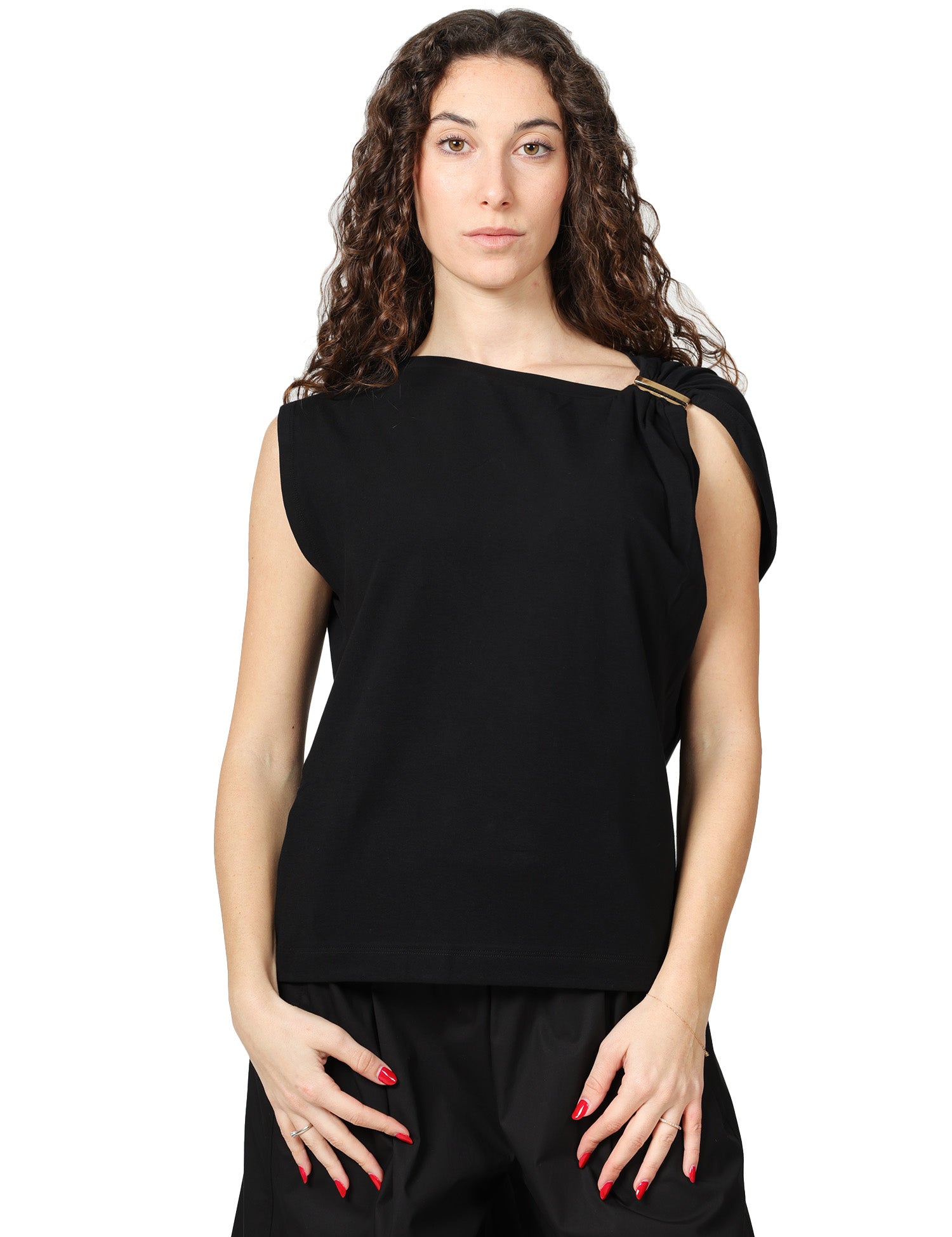 TOP DONNA PINKO MELODY NERO IN INTERLOCK STRETCH DI COTONE CON APPLICAZIONE ORO SULLA SPALLA