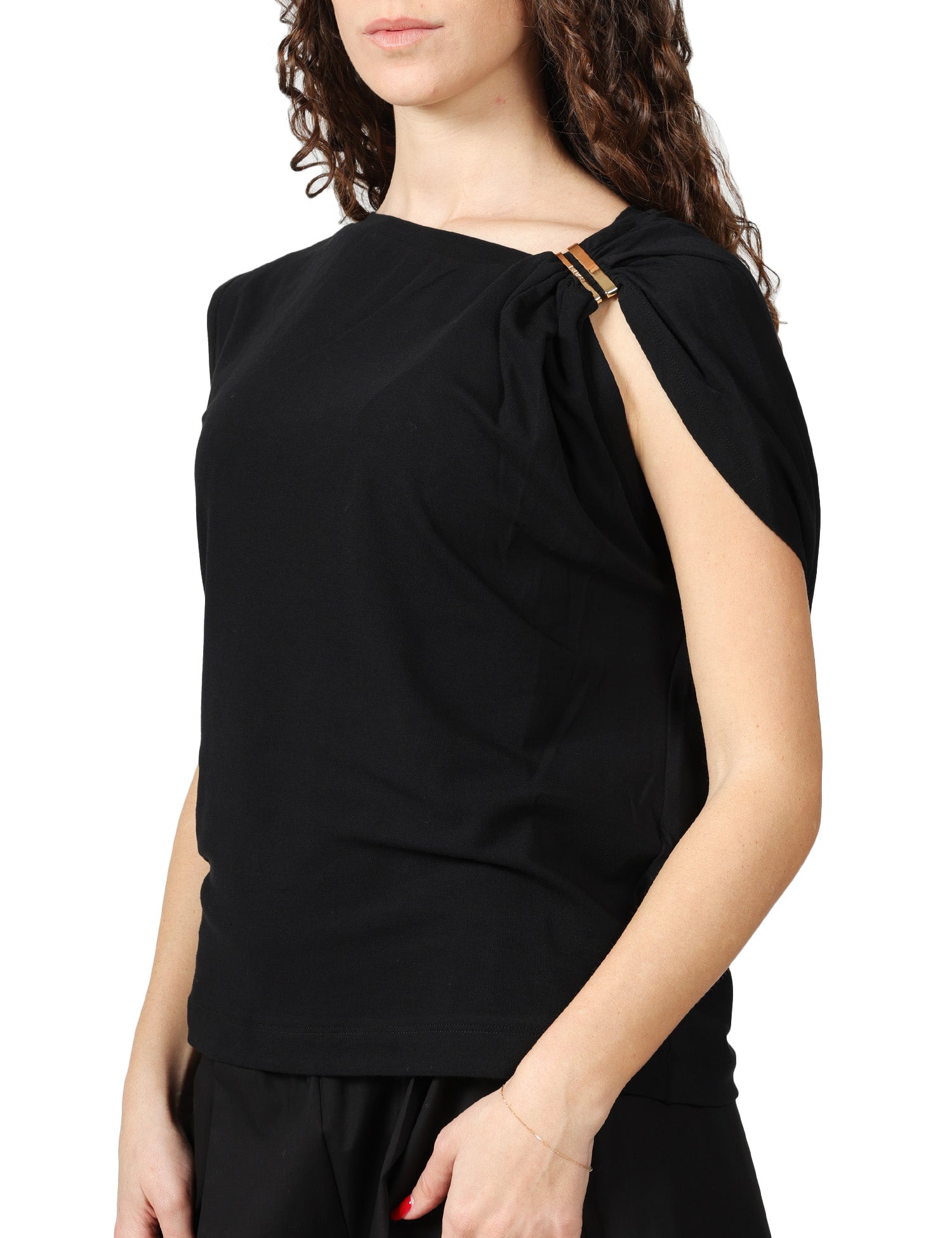 TOP DONNA PINKO MELODY NERO IN INTERLOCK STRETCH DI COTONE CON APPLICAZIONE ORO SULLA SPALLA