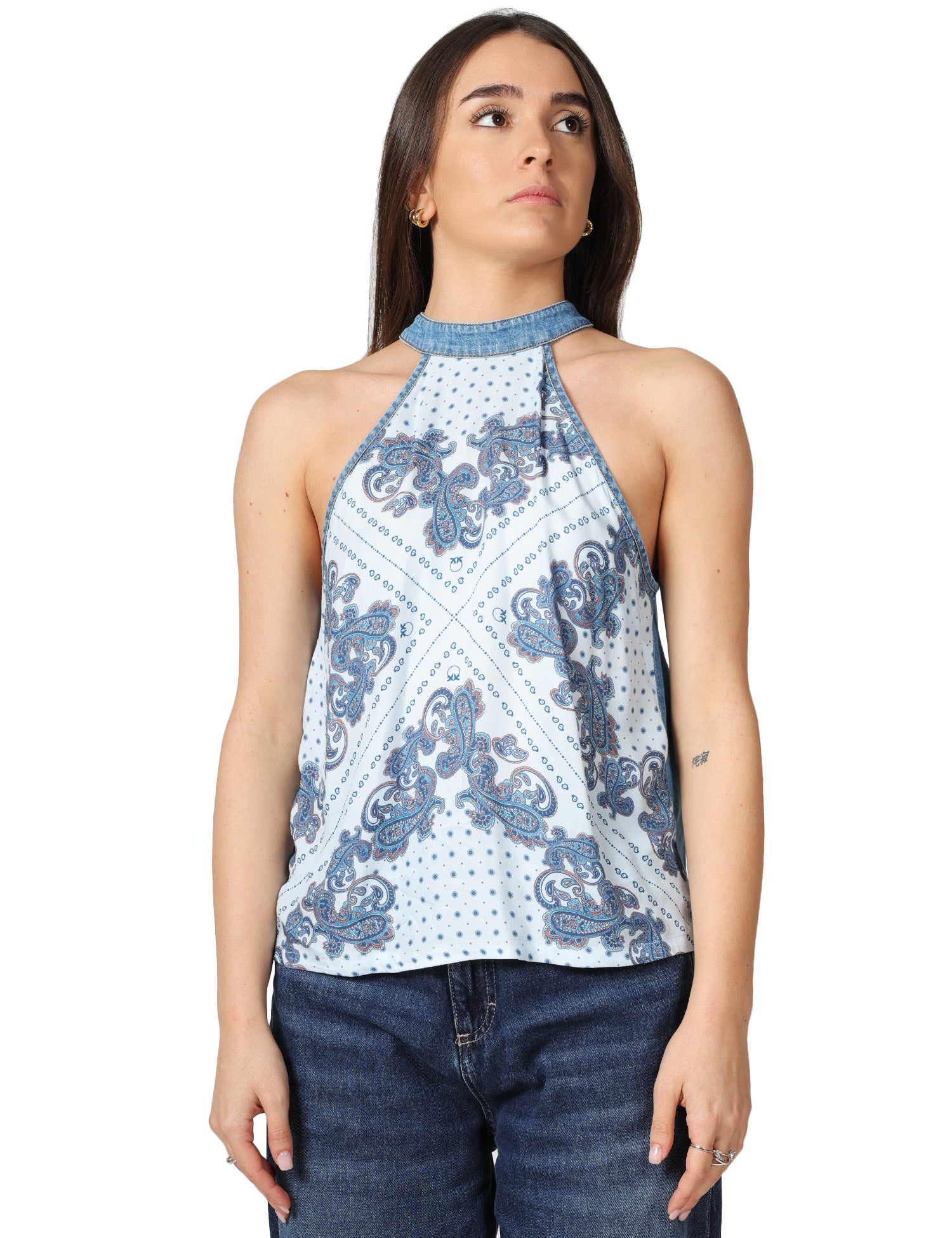 TOP PINKO ZINGARELLA DENIM SMANICATO CON SCOLLO ALL'AMERICANA E STAMPA FOULARD DAVANTI E DENIM LEGGERO DIETRO