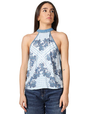TOP PINKO ZINGARELLA DENIM SMANICATO CON SCOLLO ALL'AMERICANA E STAMPA FOULARD DAVANTI E DENIM LEGGERO DIETRO