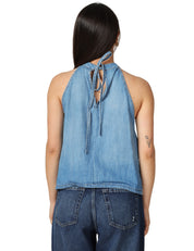 TOP PINKO ZINGARELLA DENIM SMANICATO CON SCOLLO ALL'AMERICANA E STAMPA FOULARD DAVANTI E DENIM LEGGERO DIETRO