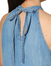 TOP PINKO ZINGARELLA DENIM SMANICATO CON SCOLLO ALL'AMERICANA E STAMPA FOULARD DAVANTI E DENIM LEGGERO DIETRO