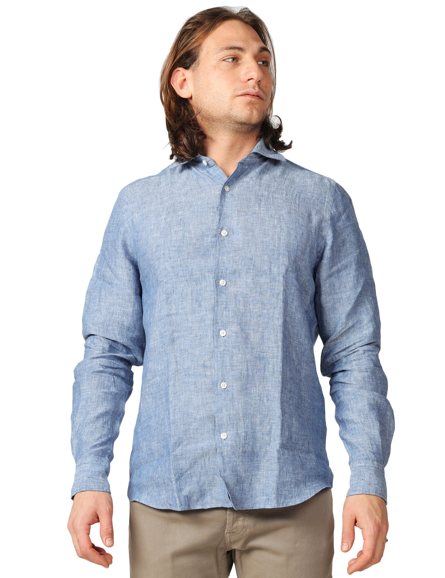 CAMICIA UOMO PORTOFIORI BLU A MANICHE LUNGHE 100% LINO
