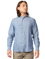 CAMICIA UOMO PORTOFIORI BLU A MANICHE LUNGHE 100% LINO