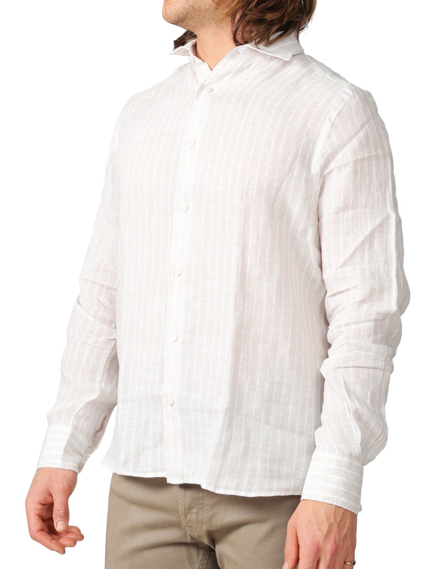 CAMICIA UOMO PORTOFIORI BEIGE A RIGHE 100% LINO