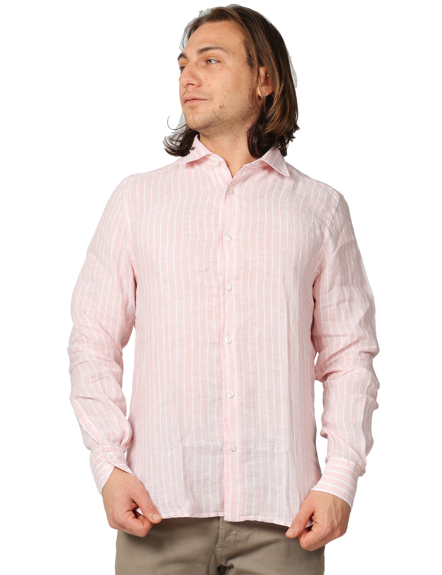 CAMICIA UOMO PORTOFIORI ROSA A RIGHE 100% LINO