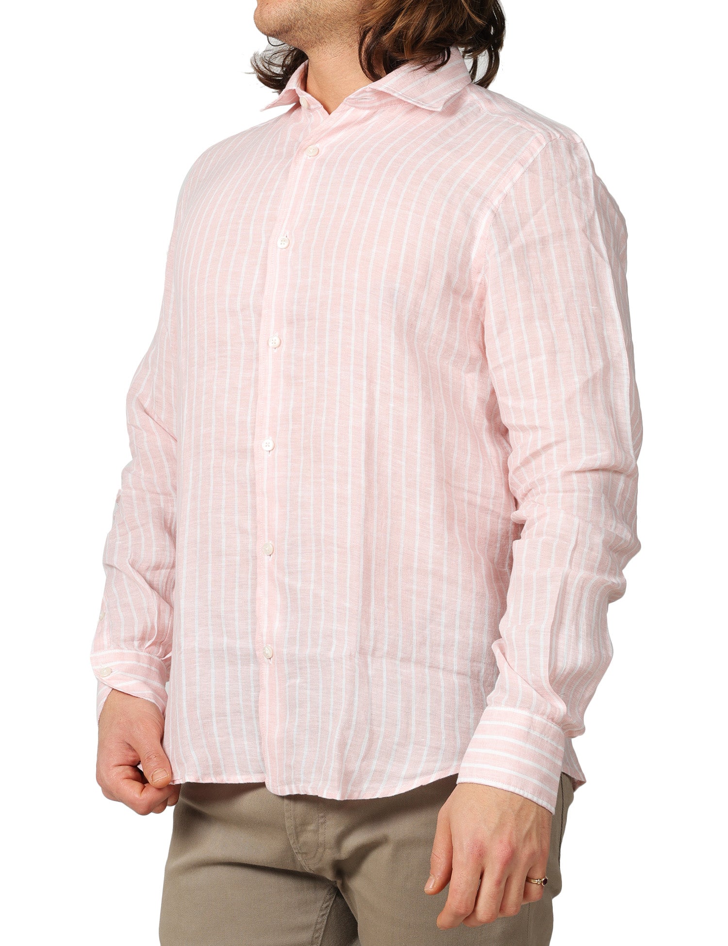 CAMICIA UOMO PORTOFIORI ROSA A RIGHE 100% LINO