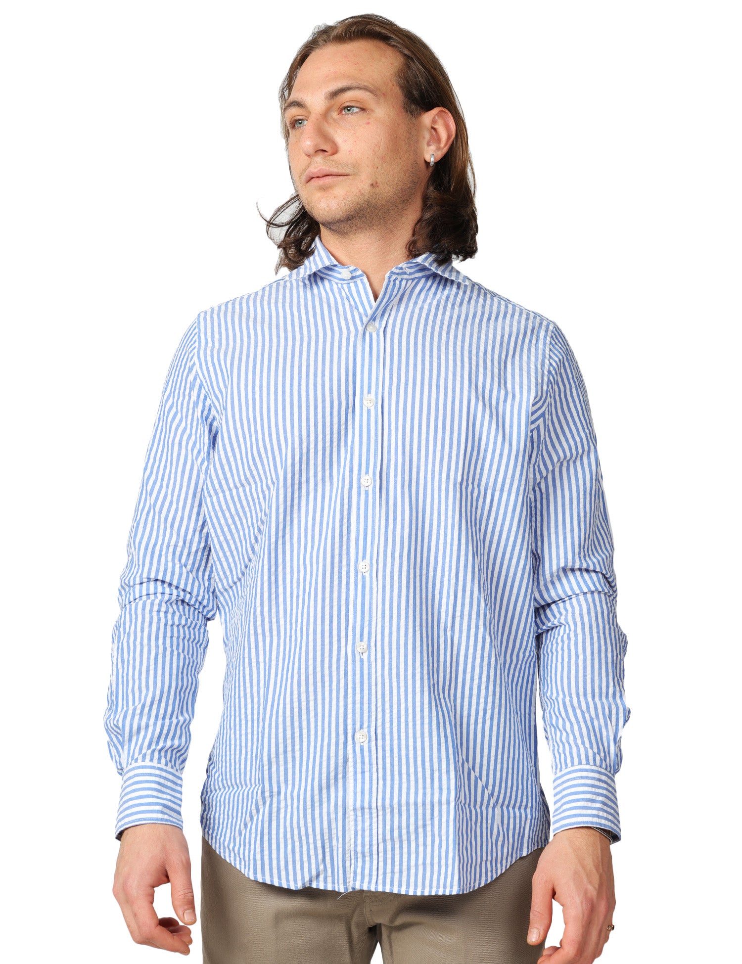 CAMICIA UOMO PORTOFIORI BIANCO/BLU A RIGHE 100% LINO