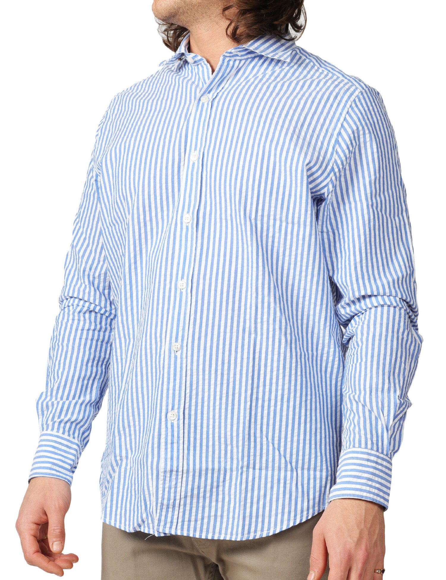CAMICIA UOMO PORTOFIORI BIANCO/BLU A RIGHE 100% LINO