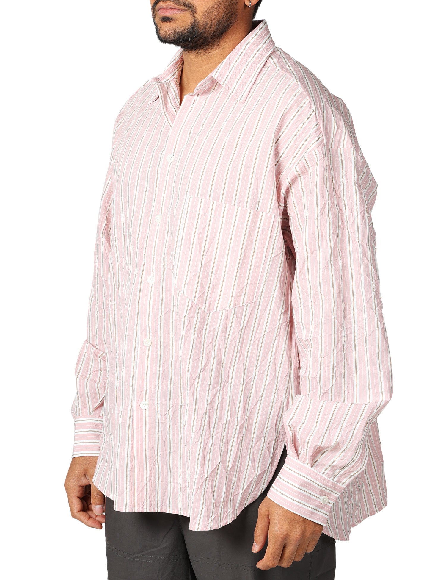 CAMICIA UOMO ROBERTO COLLINA ROSA A RIGHE OVERSIZE IN VISCOSA CON EFFETTO STROPICCIATO