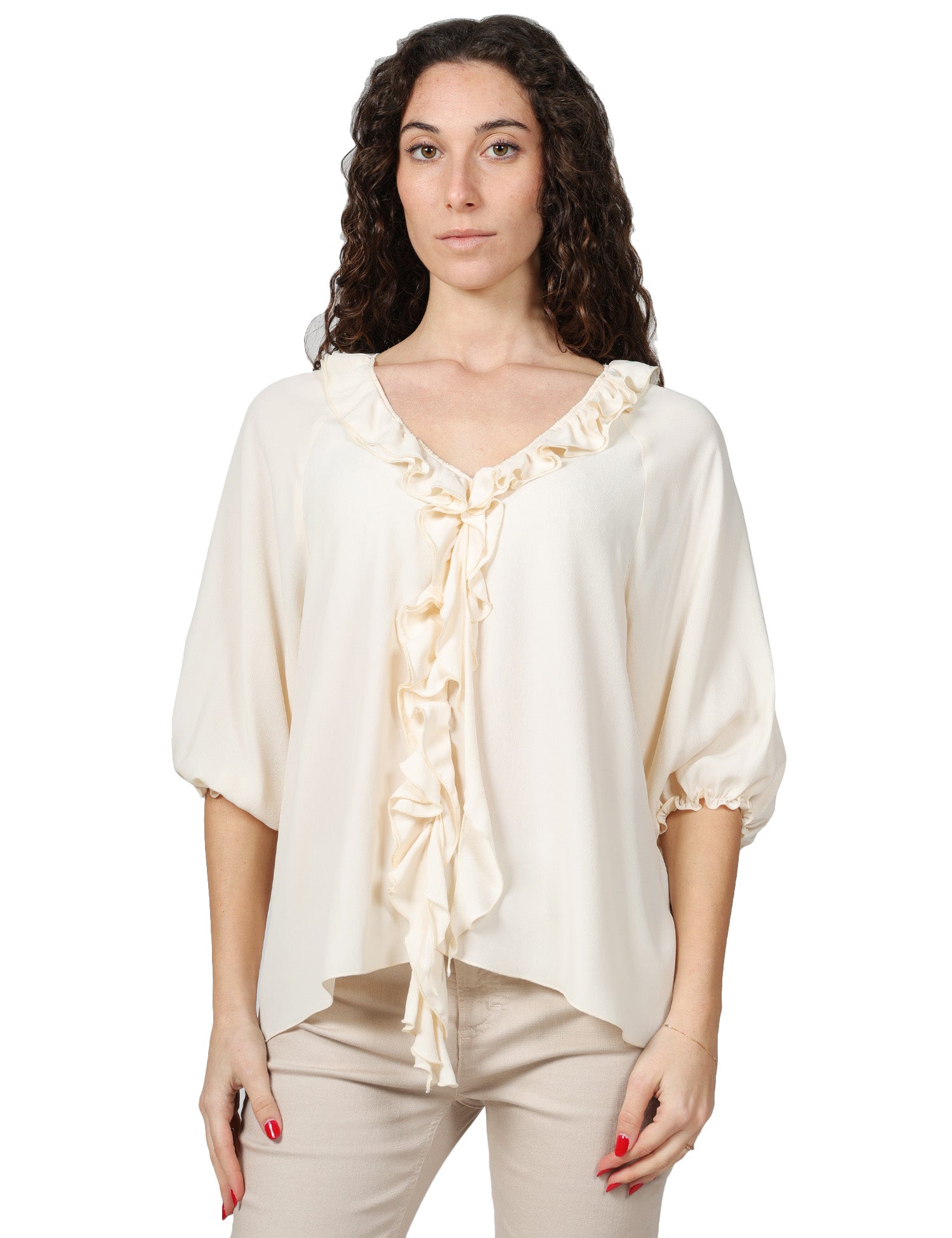 BLUSA DONNA SEVENTY PANNA IN CREPE UNITO MISTO SETA CON MANICA 3/4 E ROUGE DAVANTI