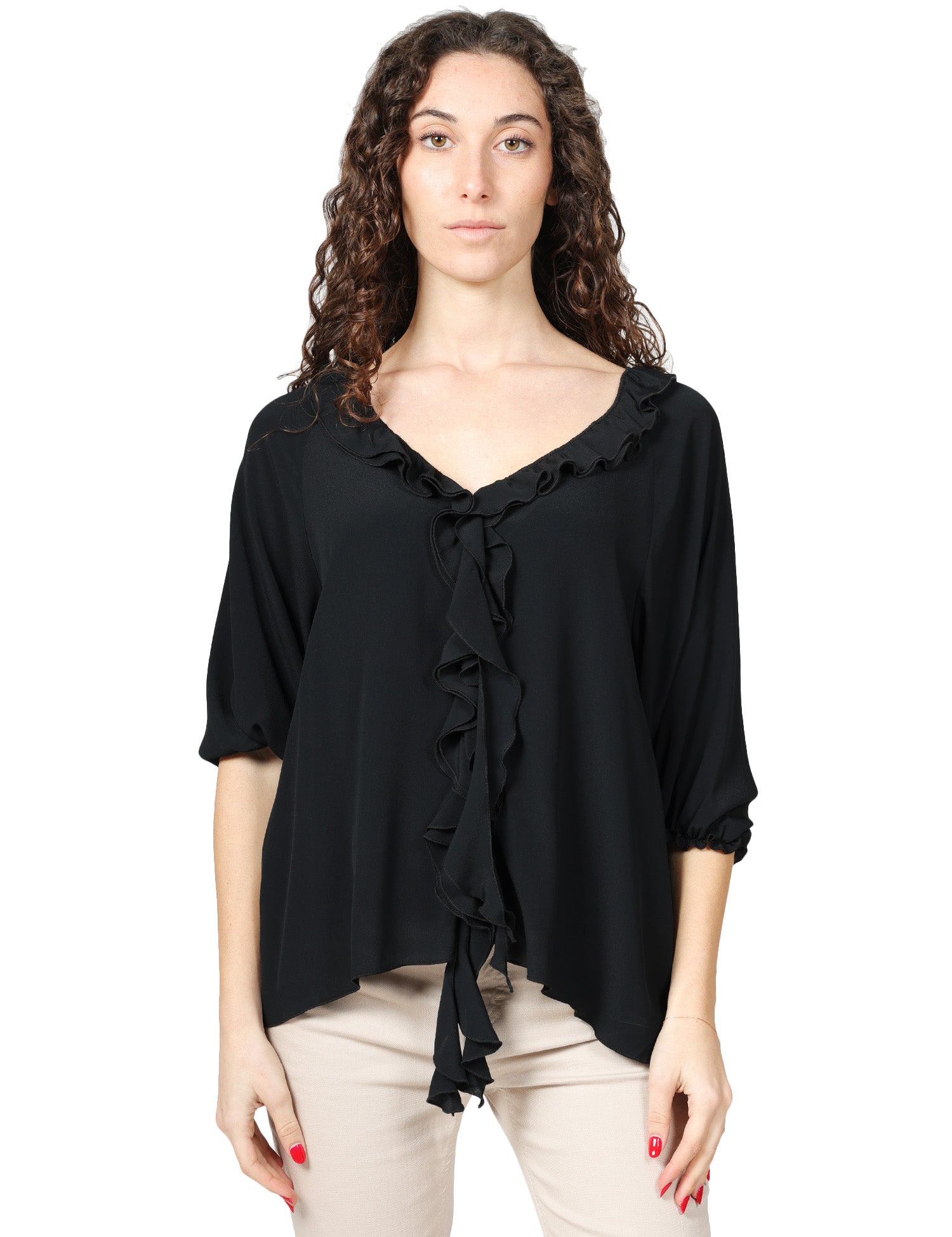 BLUSA DONNA SEVENTY NERA IN CREPE UNITO MISTO SETA CON MANICA 3/4 E ROUGE DAVANTI