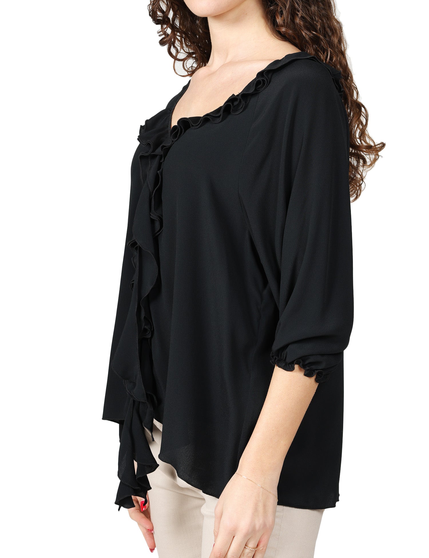 BLUSA DONNA SEVENTY NERA IN CREPE UNITO MISTO SETA CON MANICA 3/4 E ROUGE DAVANTI