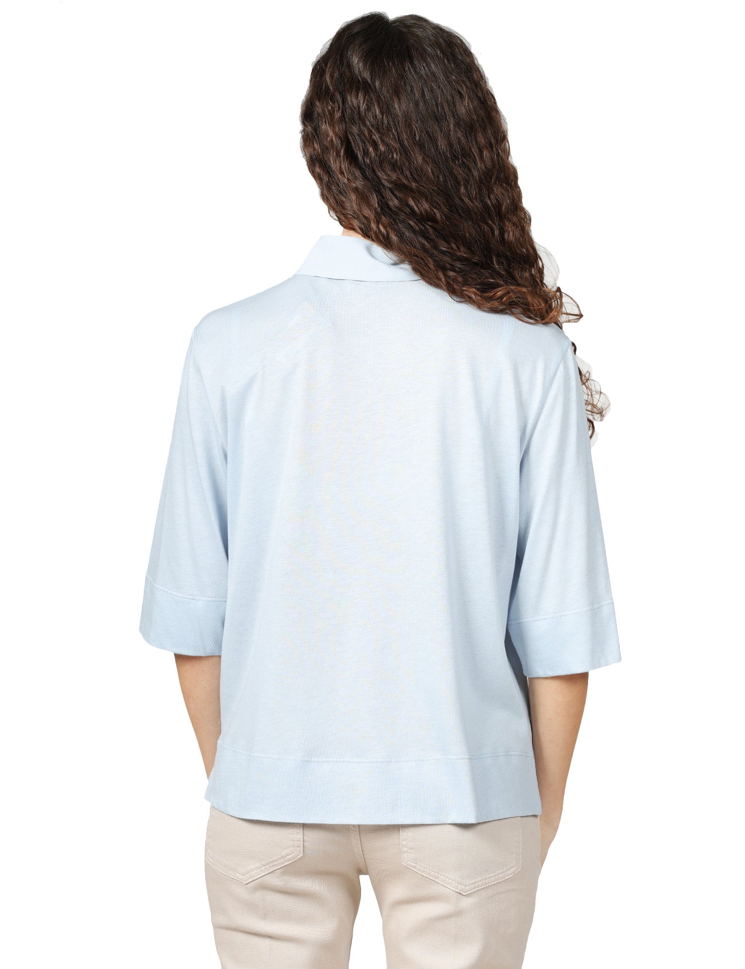 POLO DONNA SEVENTY CELESTE CON MANICA TRE QUARTI IN MISTO SETA E JERSEY