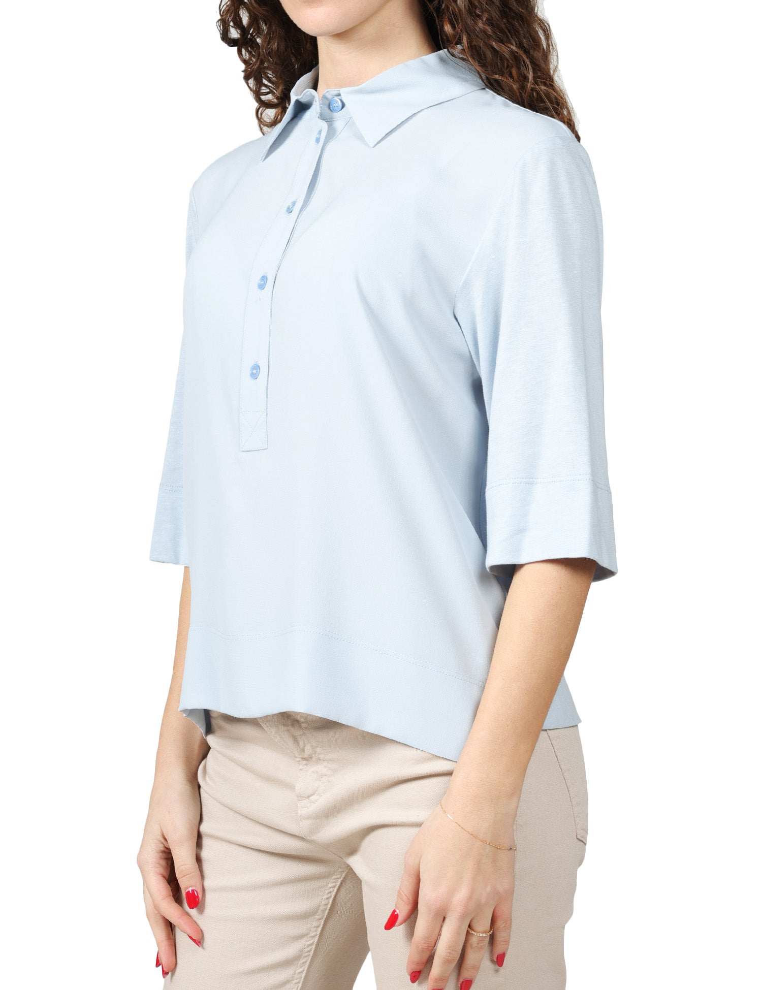 POLO DONNA SEVENTY CELESTE CON MANICA TRE QUARTI IN MISTO SETA E JERSEY