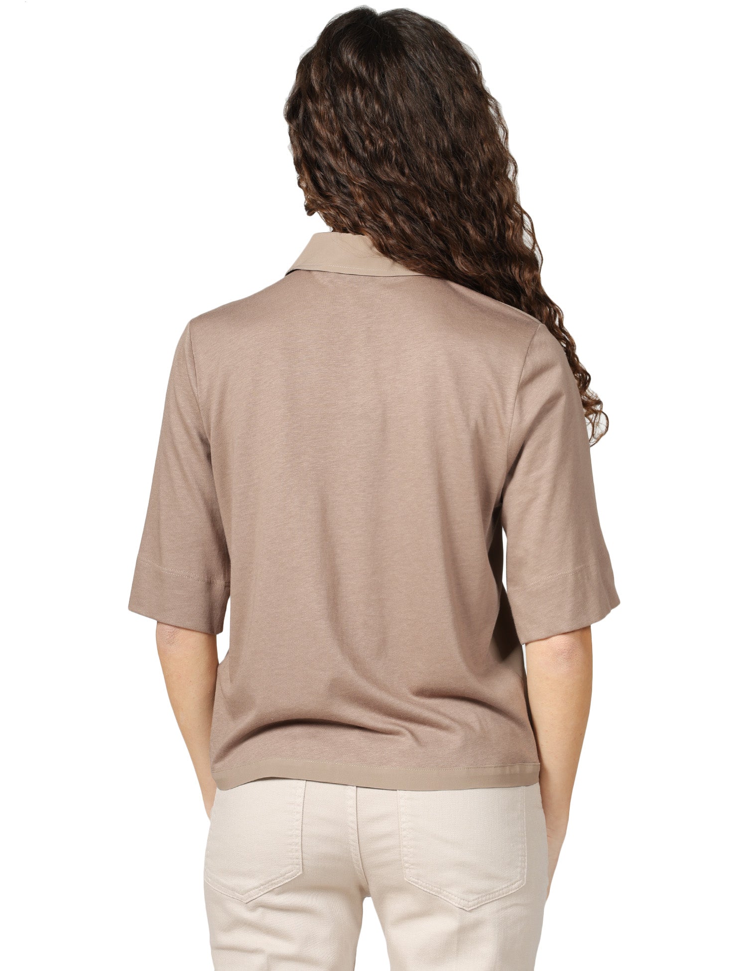 CAMICIA DONNA SEVENTY FANGO A MEZZA MANICA IN JERSEY E CREPE MISTO SETA CON MOTIVO PLISSè