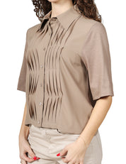 CAMICIA DONNA SEVENTY FANGO A MEZZA MANICA IN JERSEY E CREPE MISTO SETA CON MOTIVO PLISSè