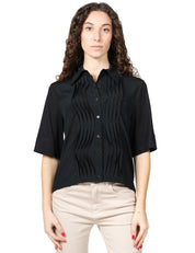 CAMICIA DONNA SEVENTY NERA A MEZZA MANICA IN JERSEY E CREPE MISTO SETA CON MOTIVO PLISSè