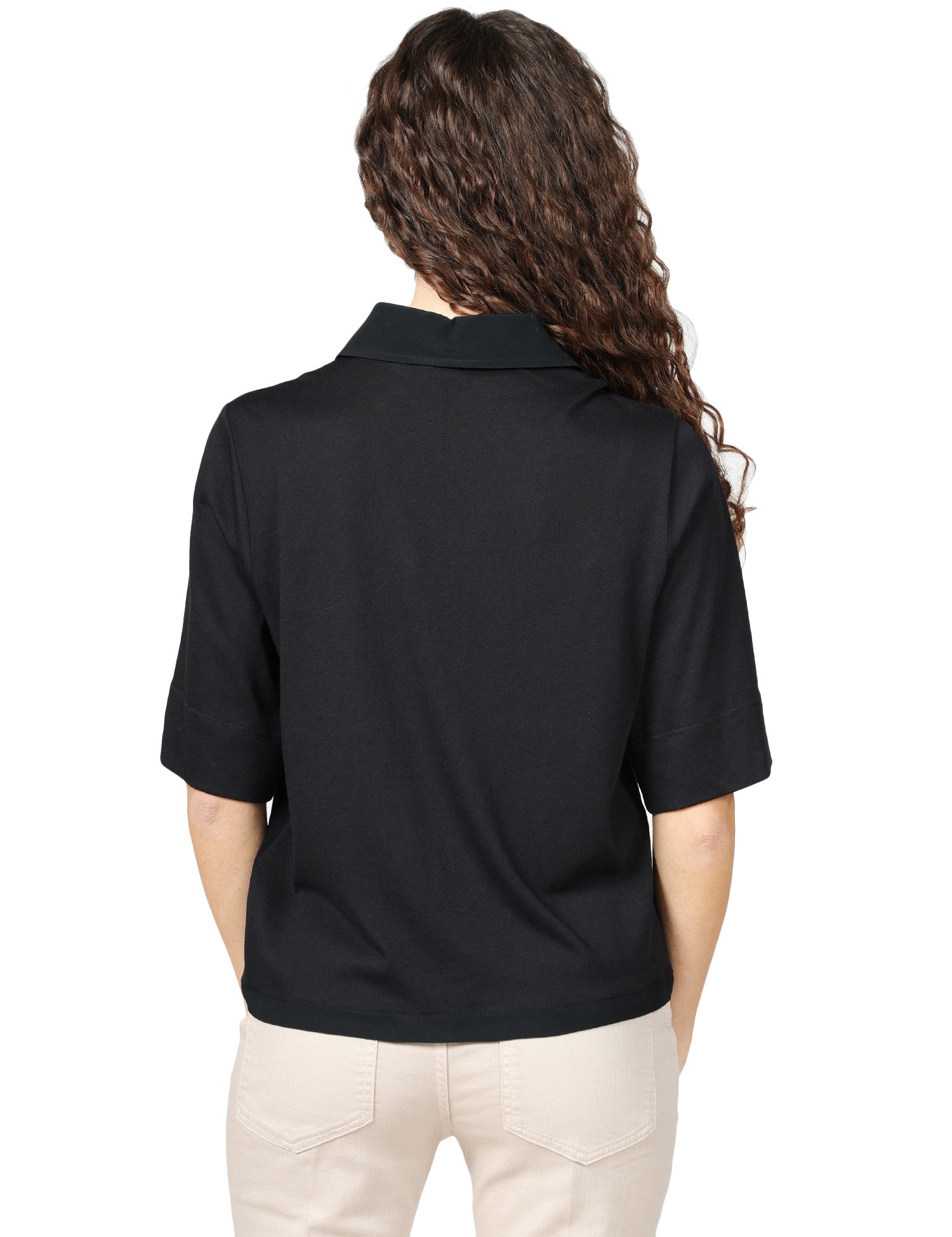CAMICIA DONNA SEVENTY NERA A MEZZA MANICA IN JERSEY E CREPE MISTO SETA CON MOTIVO PLISSè