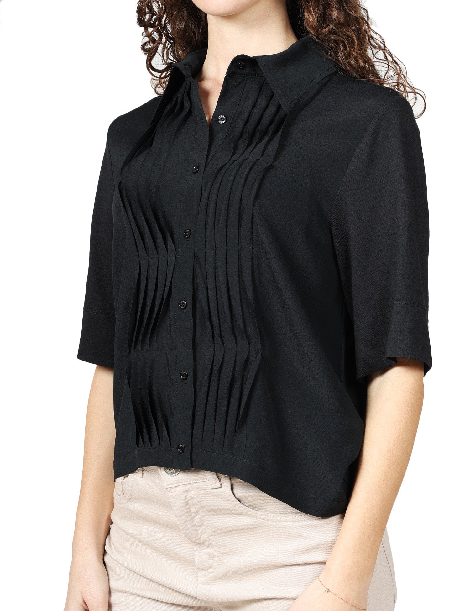 CAMICIA DONNA SEVENTY NERA A MEZZA MANICA IN JERSEY E CREPE MISTO SETA CON MOTIVO PLISSè