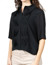 CAMICIA DONNA SEVENTY NERA A MEZZA MANICA IN JERSEY E CREPE MISTO SETA CON MOTIVO PLISSè