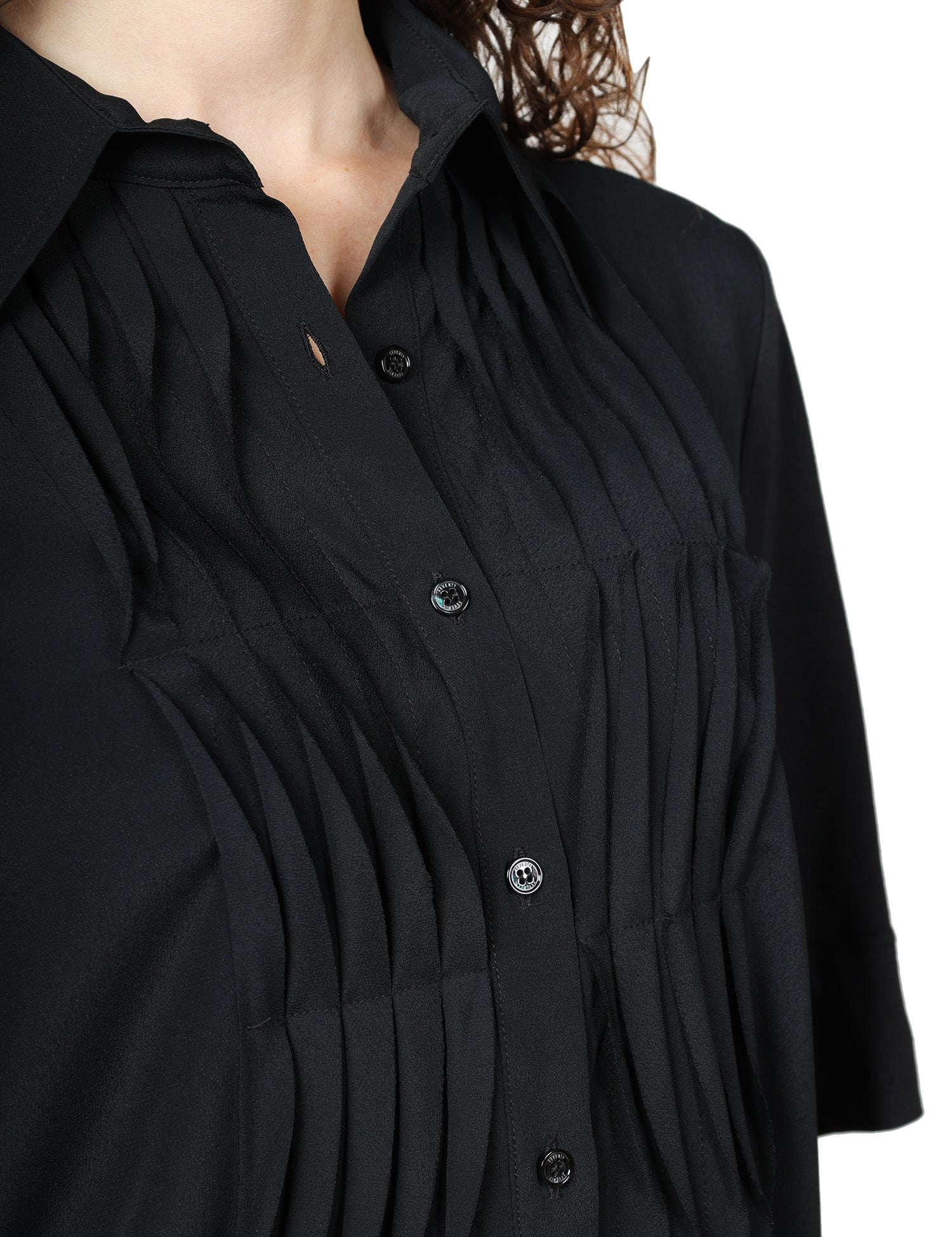 CAMICIA DONNA SEVENTY NERA A MEZZA MANICA IN JERSEY E CREPE MISTO SETA CON MOTIVO PLISSè