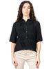 Camicia donna seventy nera a mezza manica in jersey e crepe misto seta con motivo plissè