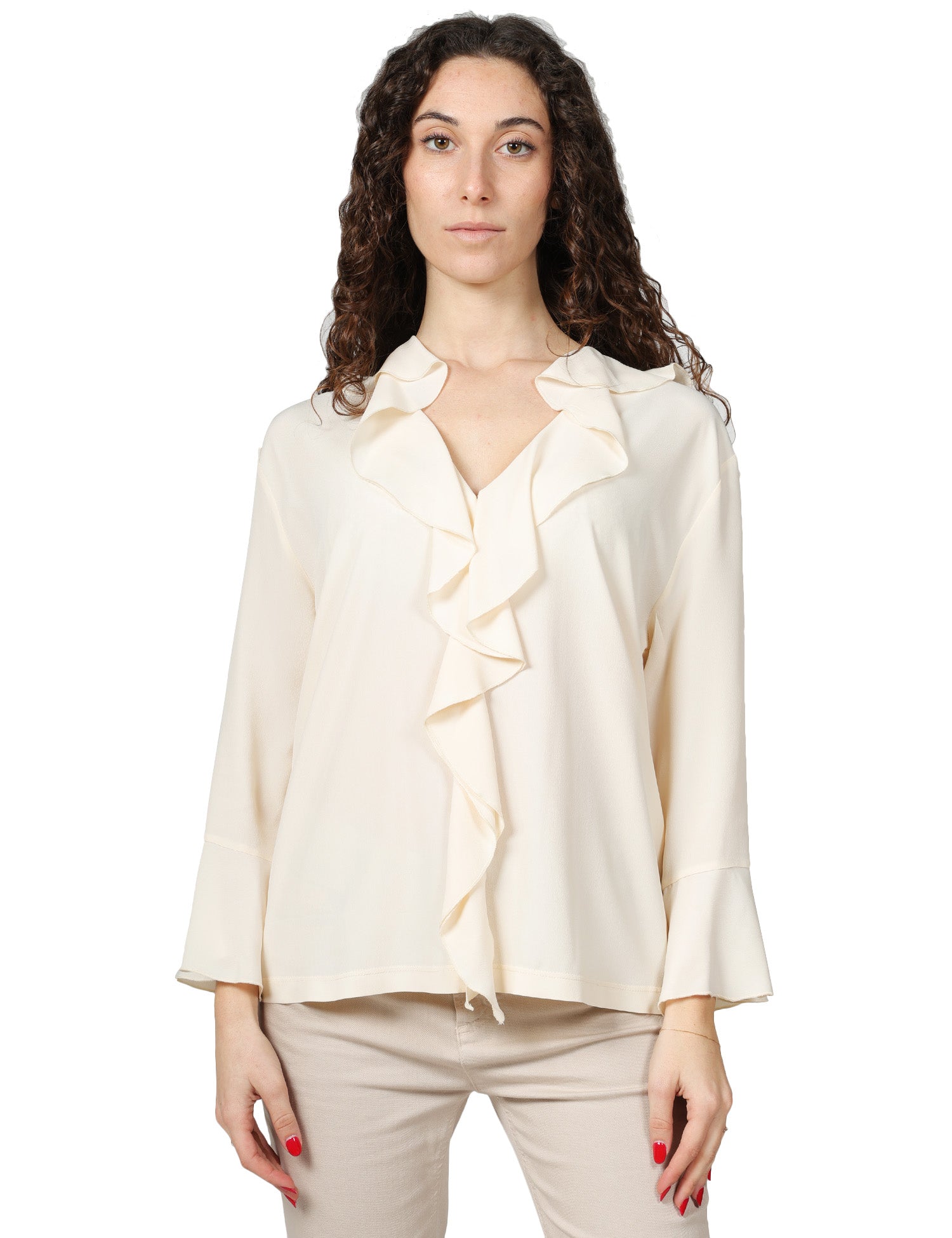 BLUSA DONNA SEVENTY PANNA IN JERSEY E CRèPE MISTO SETA CON ROUGE DAVANTI E SCOLLO A V