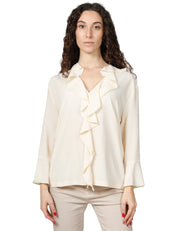 BLUSA DONNA SEVENTY PANNA IN JERSEY E CRèPE MISTO SETA CON ROUGE DAVANTI E SCOLLO A V