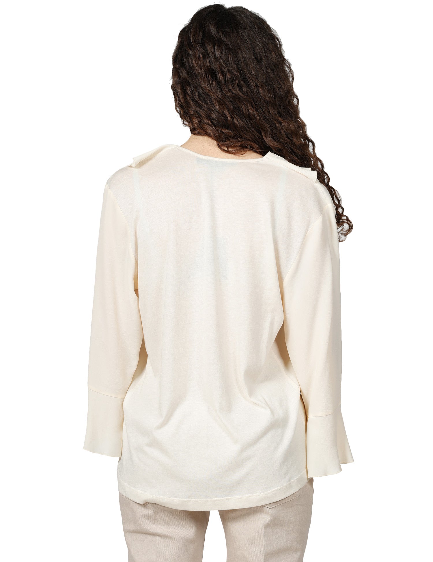 BLUSA DONNA SEVENTY PANNA IN JERSEY E CRèPE MISTO SETA CON ROUGE DAVANTI E SCOLLO A V