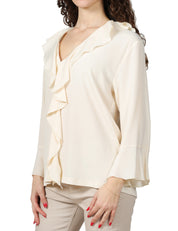 BLUSA DONNA SEVENTY PANNA IN JERSEY E CRèPE MISTO SETA CON ROUGE DAVANTI E SCOLLO A V
