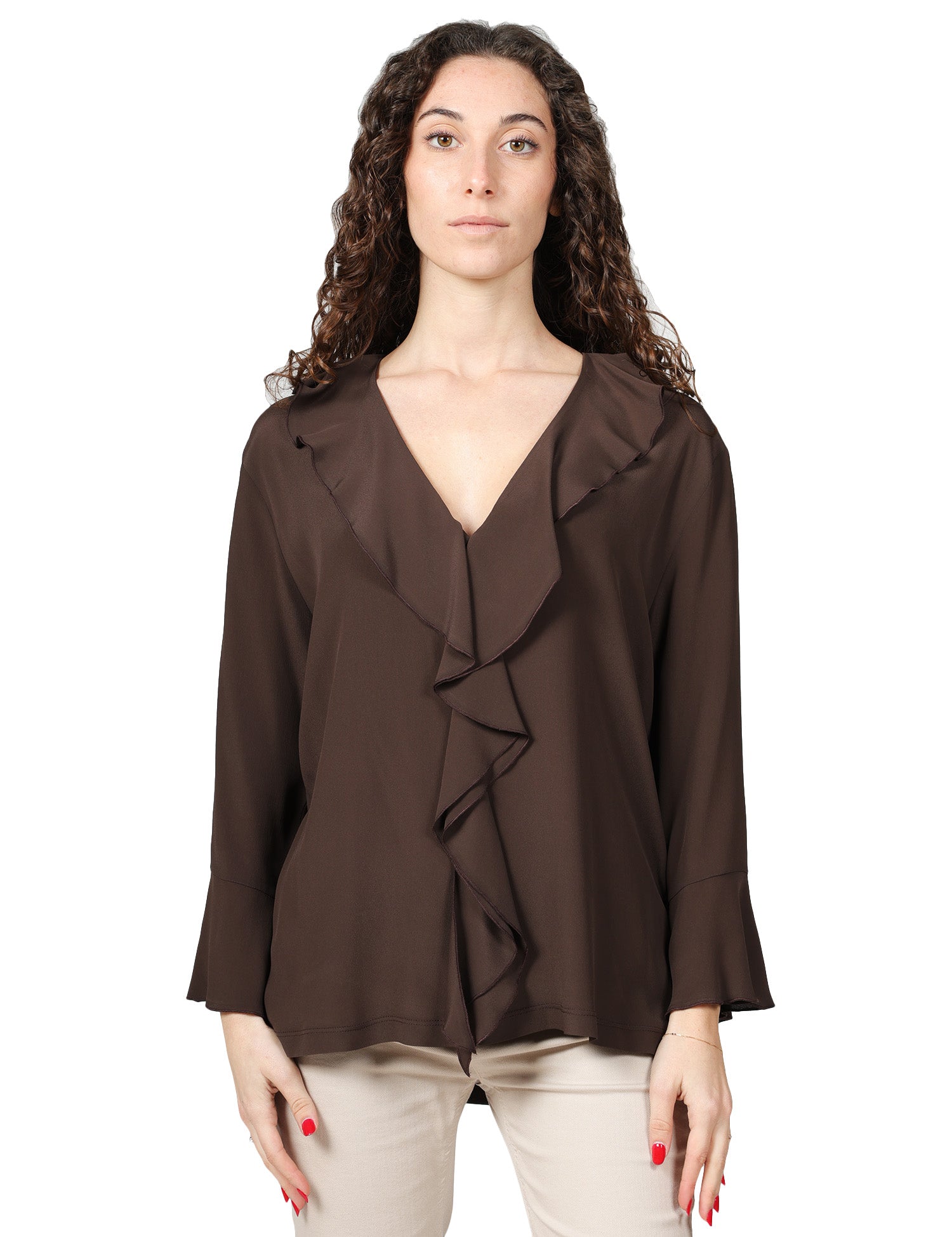 BLUSA DONNA SEVENTY MARRONE IN JERSEY E CREPE MISTO SETA CON ROUGE DAVANTI E SCOLLO A V