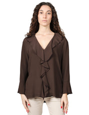 BLUSA DONNA SEVENTY MARRONE IN JERSEY E CREPE MISTO SETA CON ROUGE DAVANTI E SCOLLO A V