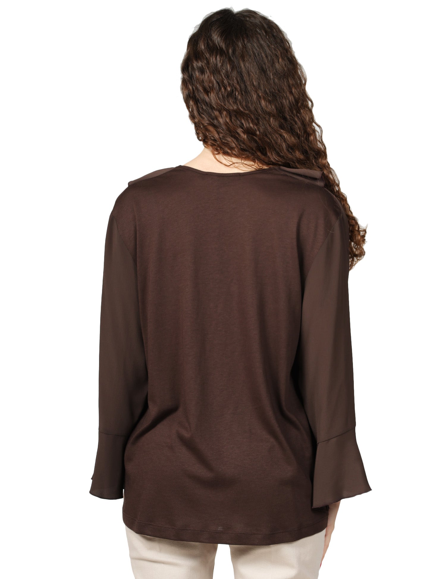 BLUSA DONNA SEVENTY MARRONE IN JERSEY E CREPE MISTO SETA CON ROUGE DAVANTI E SCOLLO A V