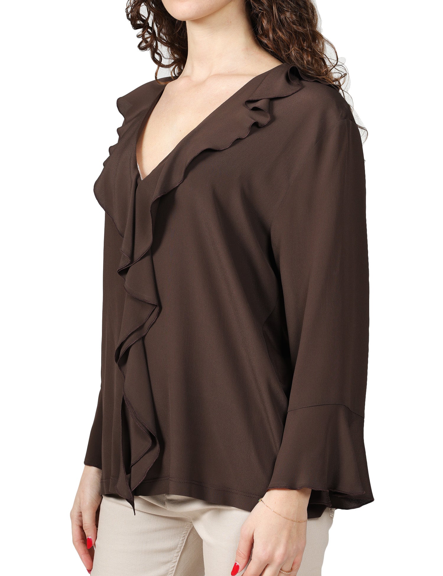 BLUSA DONNA SEVENTY MARRONE IN JERSEY E CREPE MISTO SETA CON ROUGE DAVANTI E SCOLLO A V