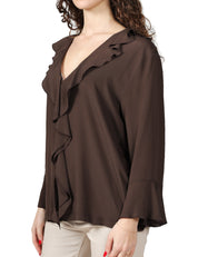 BLUSA DONNA SEVENTY MARRONE IN JERSEY E CREPE MISTO SETA CON ROUGE DAVANTI E SCOLLO A V