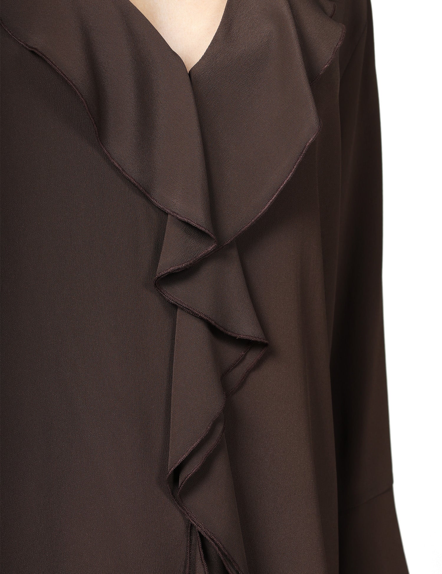 BLUSA DONNA SEVENTY MARRONE IN JERSEY E CREPE MISTO SETA CON ROUGE DAVANTI E SCOLLO A V