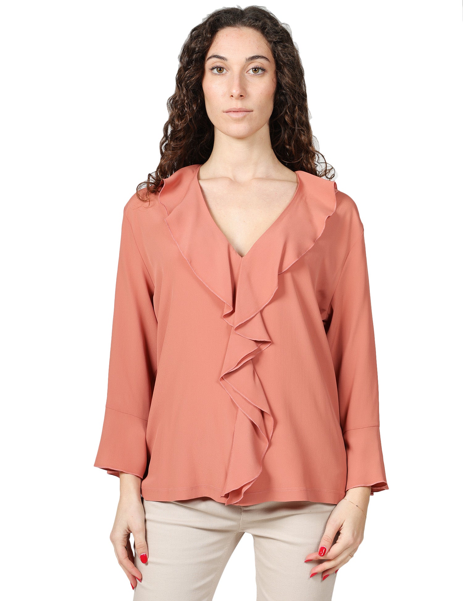BLUSA DONNA SEVENTY ROSA IN JERSEY E CREPE MISTO SETA CON ROUCHE DAVANTI E SCOLLO A V