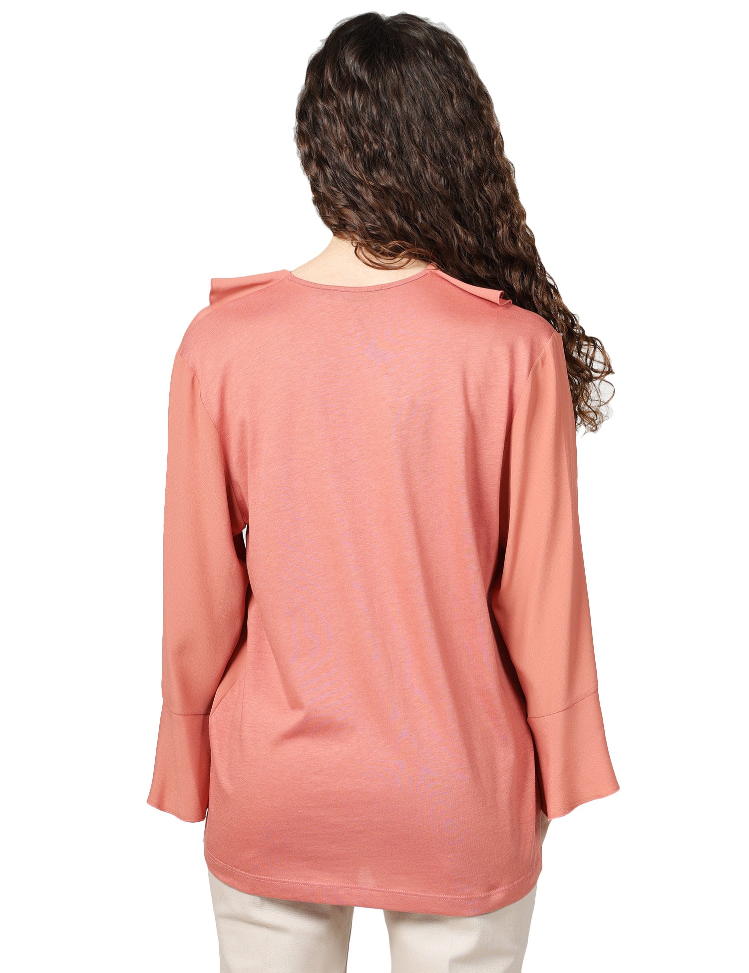 BLUSA DONNA SEVENTY ROSA IN JERSEY E CREPE MISTO SETA CON ROUCHE DAVANTI E SCOLLO A V